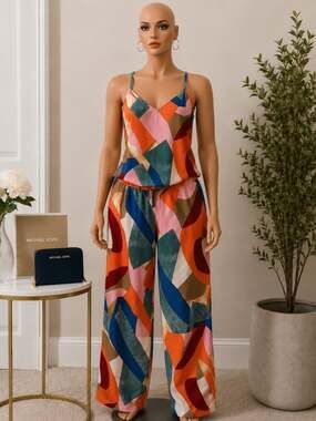 SHEIN Curve Women's Colorful Geometric Print Spaghetti Strap Cami Jumpsuit Size